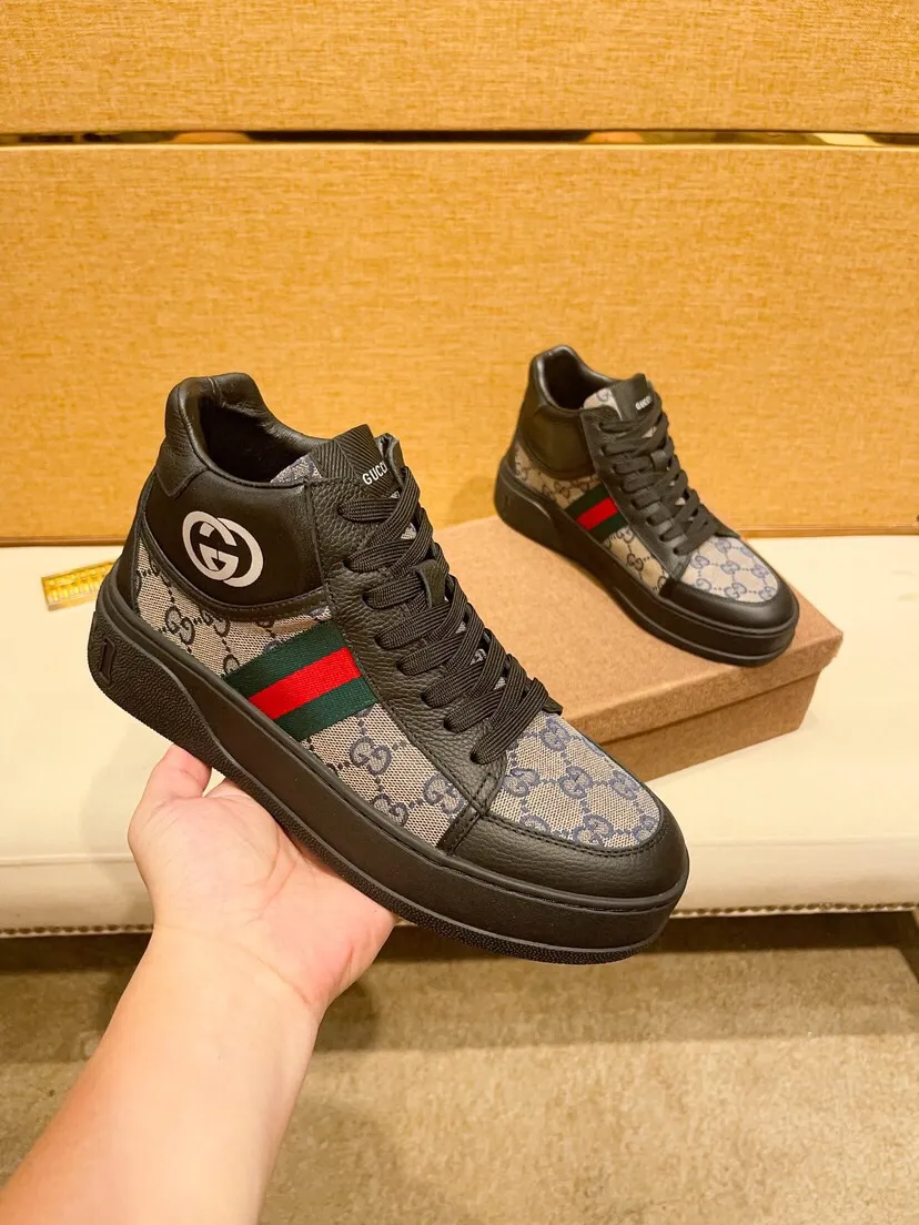 Factory price 440 [Gucci] Gucci's latest high-top casual Korean-style men's shoes, brand new autumn and winter design, perfect workmanship, cabinet quality, upper: cowhide material, leather lining; soft and comfortable, rubber outsole ultra-light, wear-resistant, simple, versatile fashion men's shoes, color optional, size 38--44